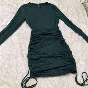 Windsor Dark Green Long Sleeve Side-Ruched Tie Dress
